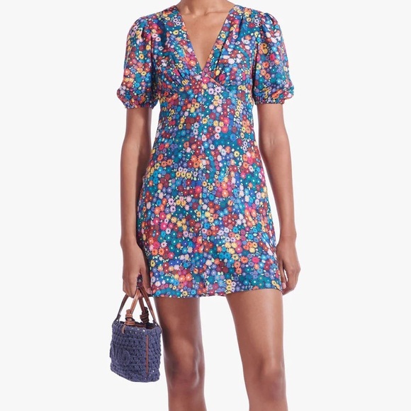 STAUD Dresses & Skirts - STAUD Rainbow Floral Milla Mini Dress – Size 8, NWoT, V-Neck with Puff Sleeves!